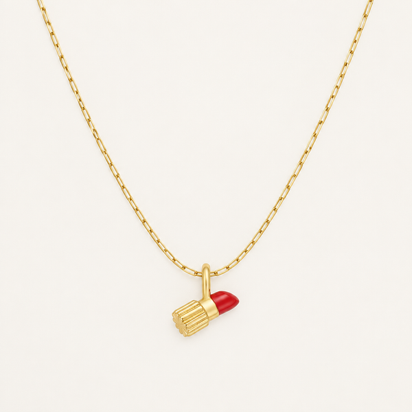 Set: Darling Enamel Necklace Lippenstift – Square Link Kette 45 cm & Darling Charm Enamel Lippenstift, vergoldet
