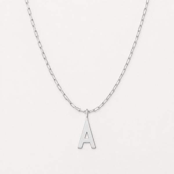 Set: Initial Link Necklace Silber – Square Link Kette 45 cm & Buchstaben-Anhänger 16 mm, Silber