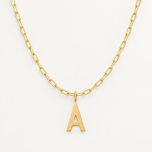 Set: Initial Chunky Necklace Gold – Chunky Square Link Kette klein & Buchstaben-Anhänger 16 mm, vergoldet