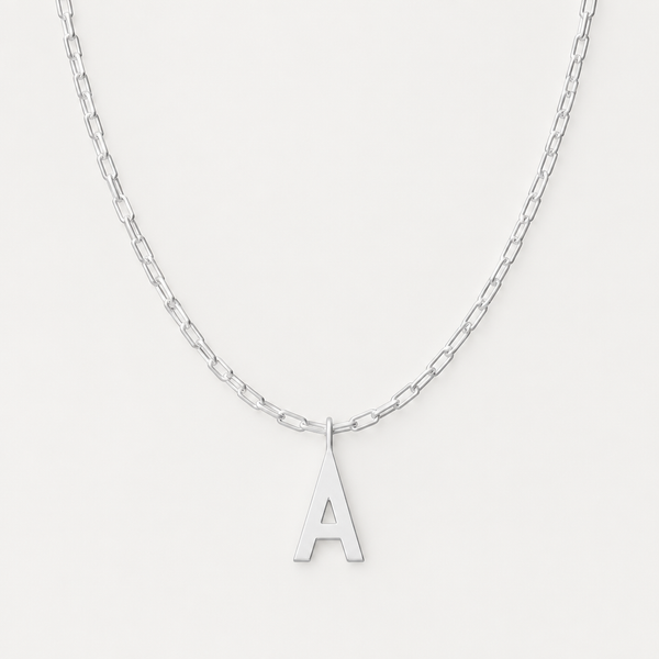 Set: Initial Chunky Necklace Silber – Chunky Square Link Kette klein & Buchstaben-Anhänger 16 mm, Silber